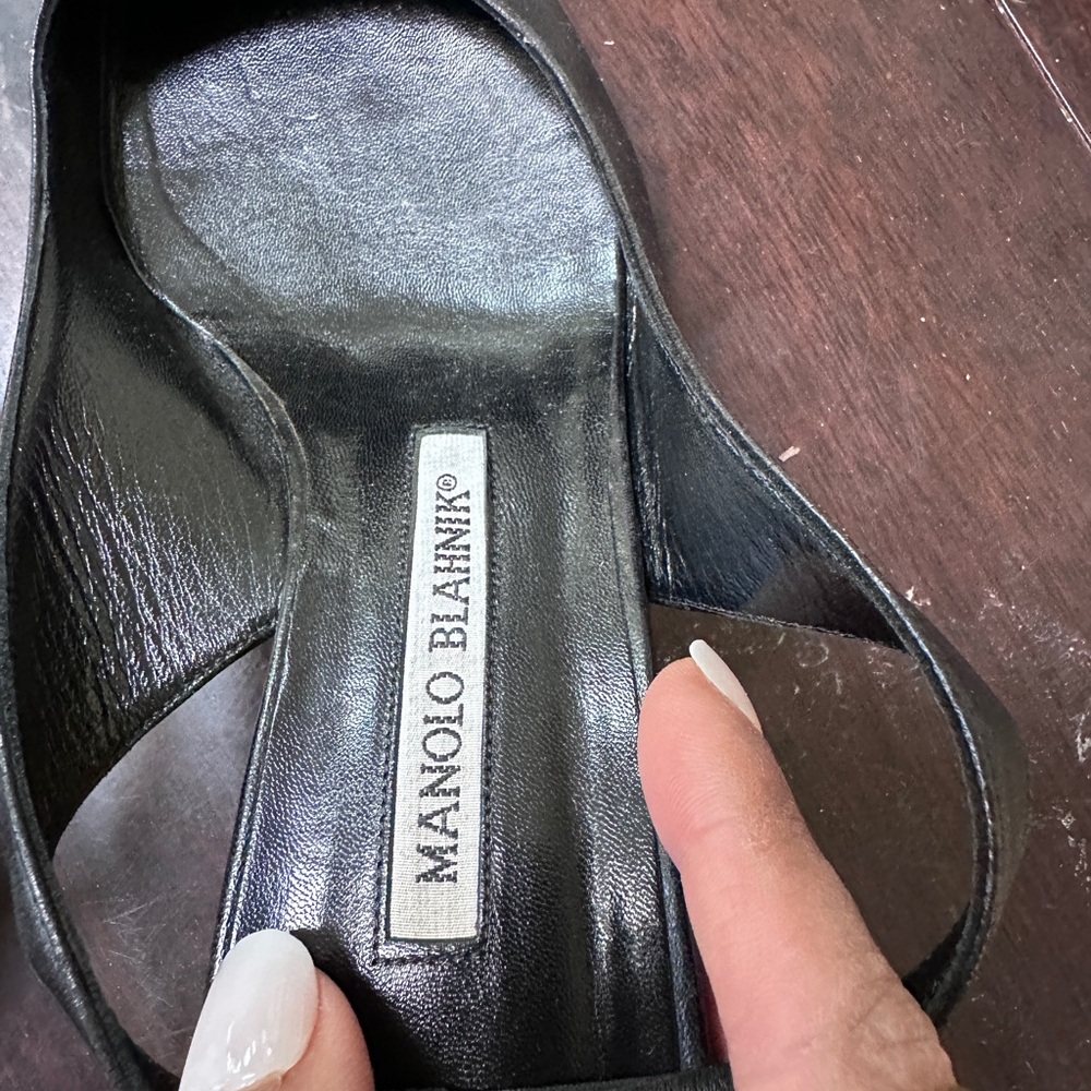Manolo Blahnik Black Leather Slingback Kitten Heels